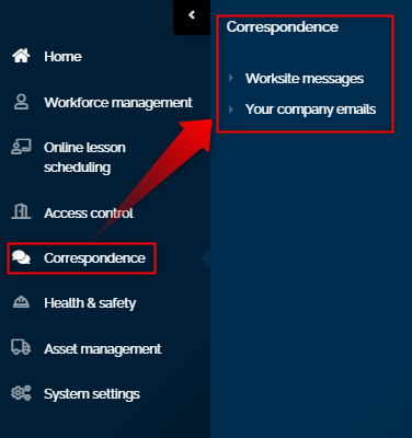 Screenshot of correspondence menu