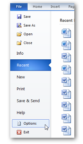 Options menu