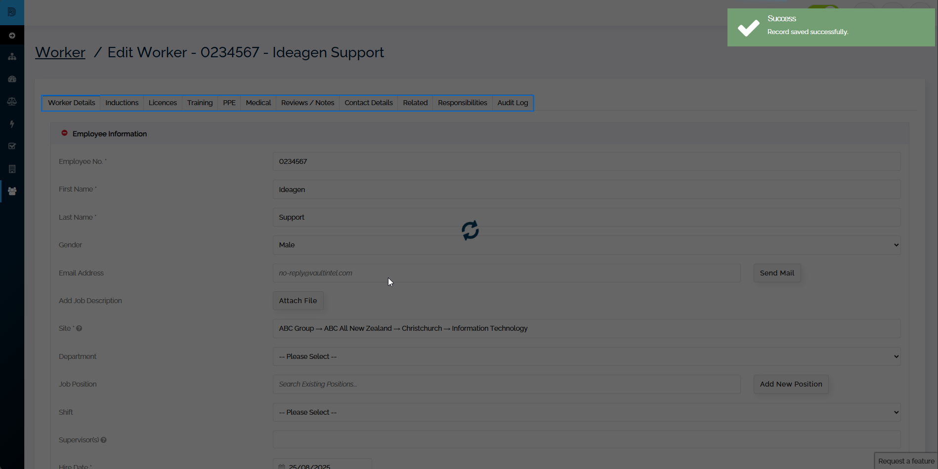 Worker details and contact details tabs